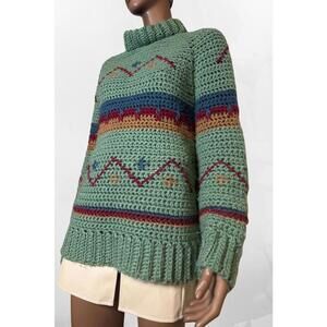 Handmade vintage sage crocheted sweater horizontal stripes& geometric patterns